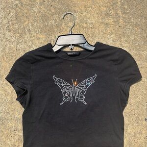 SHEIN Black Rhinestone Butterfly Crop Top